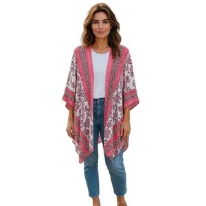 Chico’s L/XL Floral Cotton Blend Open Front Lagen Look Kimono Cardigan Women